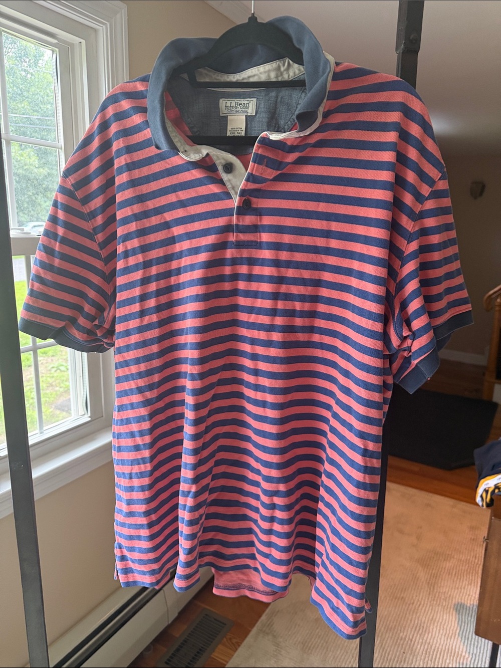 L.L. Bean Navy and Pink Striped Polo Shirt